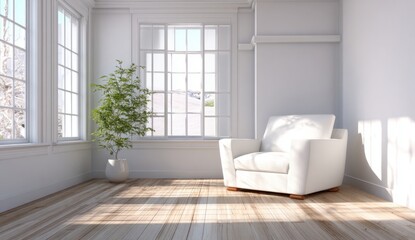 Sun-drenched minimalist room featuring a white armchair, green plant, and large overlooking a peaceful winter scene.