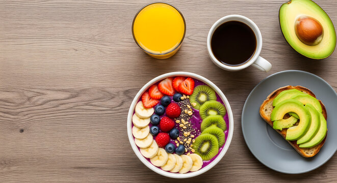 Avocado toast, black coffee, orange juice, and quei fruit healthy morning breakfast on a wooden background 