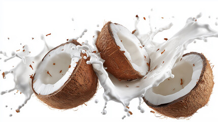 Coconut pieces flying with splashes of milk