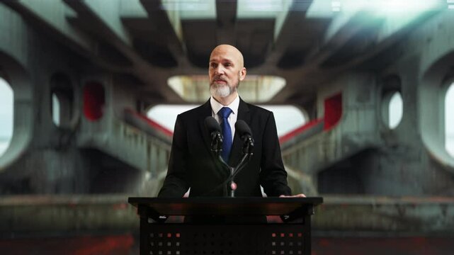 Head of authoritarian government giving a euphoric propaganda speech to masses