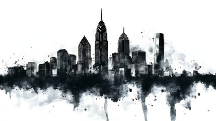 Black watercolor painting of Philadelphia city skyline. Philadelphia city skyline background on white background.