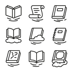 Ethereal Book Icons. Outline icon set of ethereal floating books and scrolls: floating tome, drifting scroll, airborne diary,