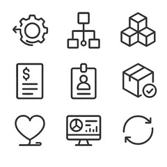 ERP System Icons. Outline icon set of enterprise resource planning (ERP) systems: gear integration, workflow chart, module blocks,