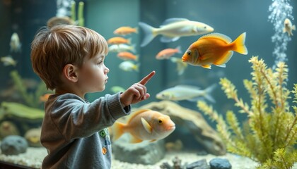 Curious child observing colorful fish in an aquarium, pointing with fascination