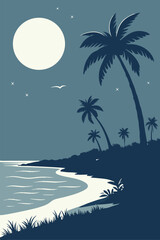 A vibrant tropical island paradise with palm trees silhouetted against the sunset sky, where the ocean waves meet the sandy beach