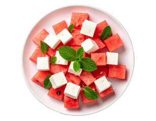 Fresh Watermelon Feta Mint Salad – Top View on White Plate
