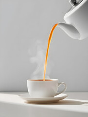 hot masala tea being poured from a traditional metal kettle into a cup.