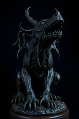 Intricate bronze sculpture of a mythical creature with fierce details and dramatic expression
