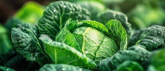 Fresh green cabbage with droplets of water.