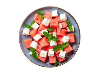 Fresh Watermelon Feta Mint Salad – Top View on White Plate