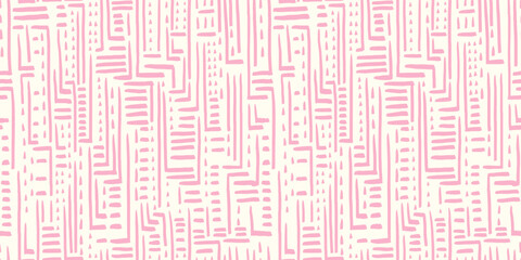 Seamless vector pattern with hand drawn abstract geometric lines and pink shapes. Template for backgrounds, packaging, textiles, home decor, and ethnic inspired designs