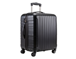 Side View of Big Black Spinner Travel Suitcase with Four Wheels, isolated on transparent background