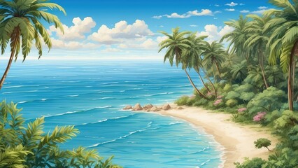 Aerial view of a tropical beach scene featuring golden sand that meets a vibrant turquoise ocean