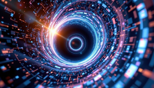 A mesmerizing, swirling tunnel of light and technology, beckoning viewers into its depths