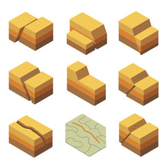 Fault Type Icon Set. Isometric Flat icon set of fault types and structures: strike-slip fault, normal fault, reverse fault, thrust