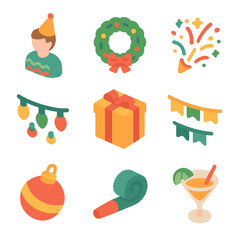 Festive Celebration Icons. Isometric Flat icon set of Holiday Festivities Celebration: person wearing party hat and festive