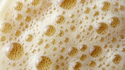 Foamy Texture of a Sweet Drink with Golden Bubbles, Close-Up View of Effervescent Beverage Surface