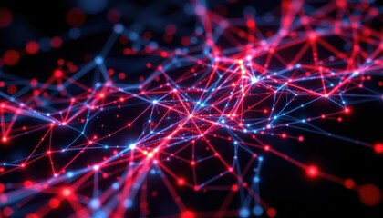 Fototapeta premium Intricate network of interconnected nodes illuminated with vibrant red and blue light against a dark background. The image suggests complex data flow and technological advancement.