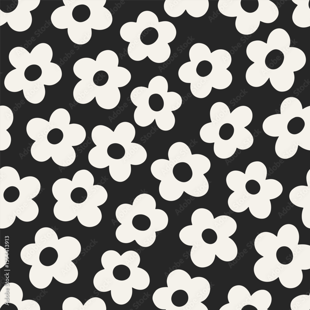 Poster daisy pattern, seamless design. endless repeating floral print with black and white groovy flowers i