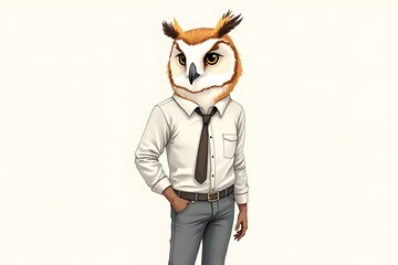 pastel animal fashion illustration, anthropomorphic design, furry art, hand drawn illustration of owl boy in a shirt and trousers