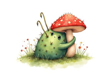 pastel prickly plant twines around fly agaric mushroom monster