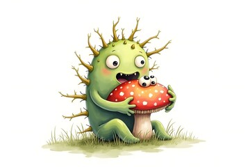 pastel prickly plant twines around a fly agaric mushroom monster