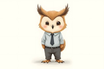 pastel animal fashion illustration, anthropomorphic design, furry art, hand drawn illustration of an owl boy in a shirt and trousers