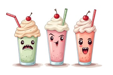 pastel Monstershakes In Color Sketch Style. Freak And Crazy Milkshakes. Hand Drawn Creative Dessert