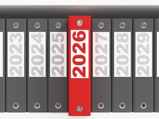 Office folders  on the shelves. New Year 2026 concept. 3d rendering