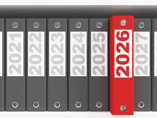 Office folders  on the shelves. New Year 2026 concept. 3d rendering