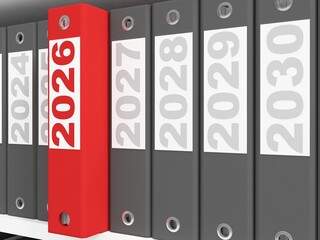 Office folders  on the shelves. New Year 2026 concept. 3d rendering