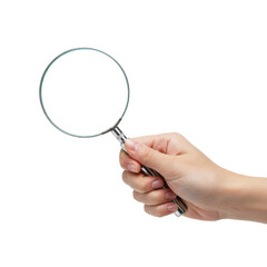 A fair-skinned hand with manicured nails elegantly grasps a silver magnifying glass with a clear lens, presented as ultra-realistic product photography against a transparent background with copy