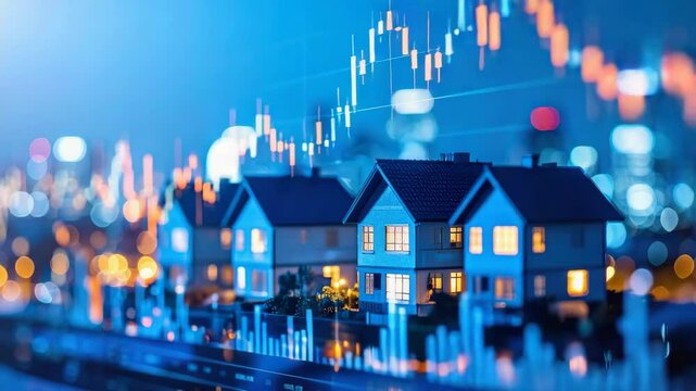 Real Estate Market Analysis: Miniature houses stand beneath a financial chart displaying stock market fluctuations, symbolizing investment in real estate.