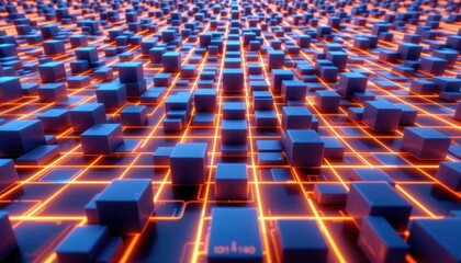 Obraz premium Abstract depiction of data and connectivity using a futuristic grid of cubes and lines