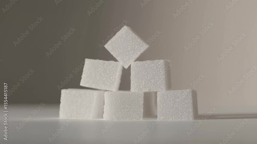 Poster white sugar cubes, initially arranged in a perfect pyramid on a white surface, progressively collaps