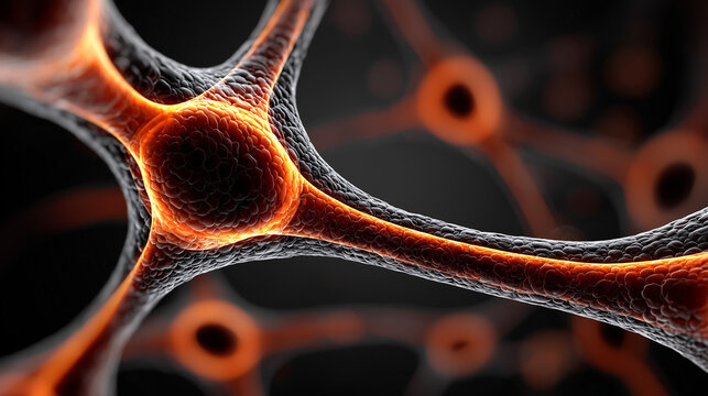 Close-up visualization of mitochondria network with orange highlights  
