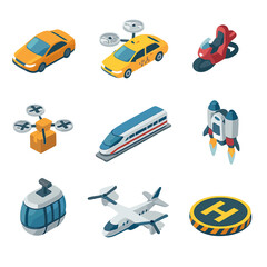 Isometric Flying Icons. Isometric Flat icon set of hover and flying vehicles: hovercar, flying taxi, anti-gravity bike, drone