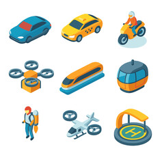 Naklejka premium Isometric Flying Icons. Isometric Flat icon set of hover and flying vehicles: hovercar, flying taxi, anti-gravity bike, drone