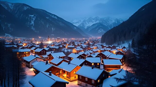 Drone View: Snowy Night in Kranjska Gora Mountain Town