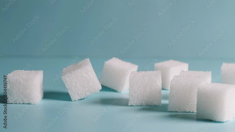 Poster sugar cubes falling progressively across light blue background, increasing in quantity from top left