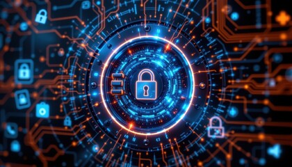 Obraz premium The digital lock glows, symbolizing online data security. The lock is surrounded by intricate circuit patterns. The overall effect is both striking and symbolic.
