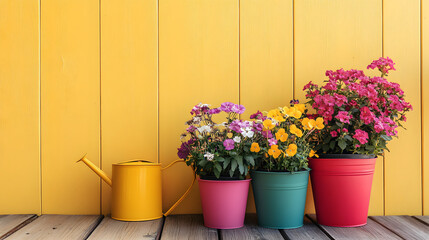 Colorful flower pots on wooden floor with yellow wall background. Floral background for planting.