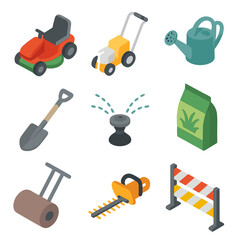 Football Field Maintenance Icons. Isometric Flat icon set of football field maintenance: lawn mower, line marking machine,