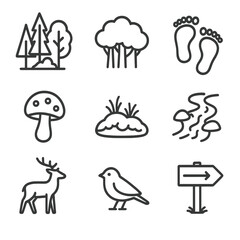 Forest Retreat Icons. Outline icon set of forest bathing retreat aspects: woodland scene, tree canopy, barefoot footprints,