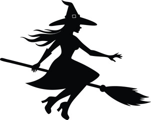Halloween female witch ride broom bats silhouette, Silhouette of witch and cat flying on broom vector