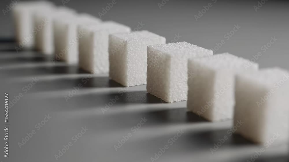 Poster White sugar cubes cascading across gray background, casting elongated shadows while highlighting geometric patterns and stark visual contrast between pristine white surfaces and neutral gray plane