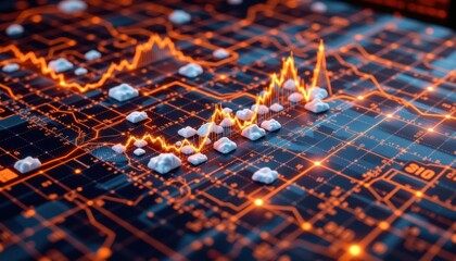 Abstract depiction of data analysis showing charts and graphs, implying financial transactions. The image suggests a dynamic, technology-driven environment