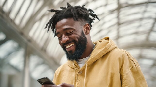 Man laughing while reading funny text on smartphone, casual happiness, space for caption - Powered by Adobe