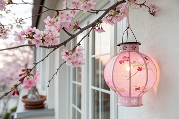 Pink Lantern with Cherry Blossom Decor Near Window on White Background
