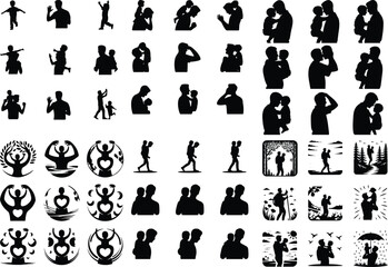 Father Carrying Child on Shoulder Silhouette Icon Set – Family Love Moments Dad with Child on Shoulders Vector – Parenting Silhouettes Collection